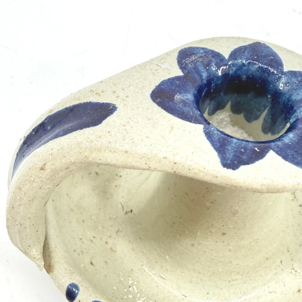 Williamsburg Pottery Stoneware Chamberstick Floral Salt Glaze Candle Holder Blue